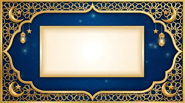 Luxury Islamic Frame Background with Golden Geometric Pattern, Lanterns and Crescent Moon for Ramadan and Eid Mubarak Invitation