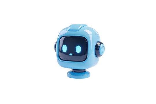 Playful light-blue robot with square face and round eyes stands on stubby base, front view illustration