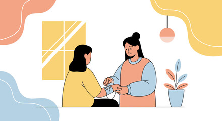 Obraz premium Nurse checking patient's blood pressure at home, healthcare, medical check-up, home visit