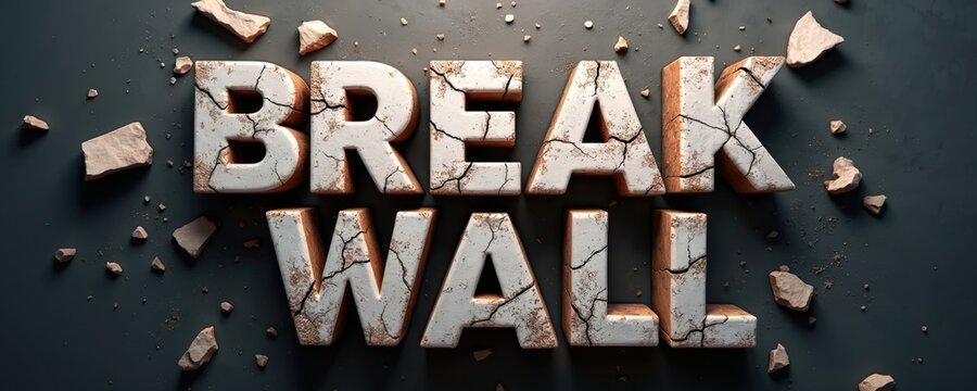 3D text effect Break Wall with cracked surface and debris. Grunge style letters on dark background. Shattered effect, rough texture, rough surface.