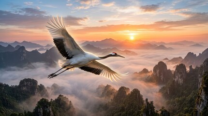 Naklejka premium Majestic Crane Soars Through Mountains at Sunrise with Misty Landscape