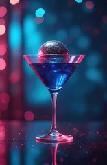 Fototapete Bar Cocktail glass with disco ball sits on bar at night club. Blue drink sparkles with pink neon light. Party atmosphere with bokeh lights. Fun celebration.  © Vadym