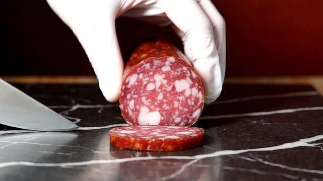 Cook with white gloves slicing smoked salami sausage with sharp metal knife on black marble board