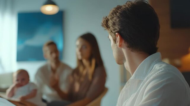 Group of people seated, engaged in conversation.