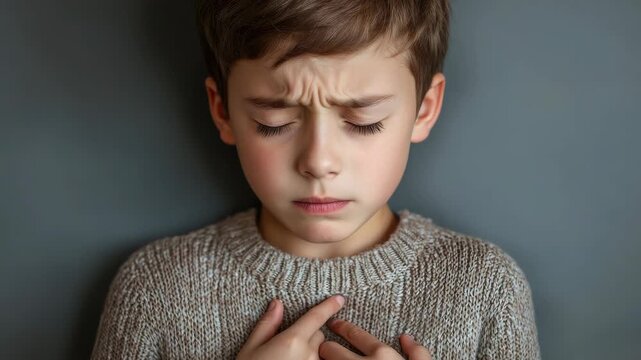 Emotional portrait of a young boy with hands to chest, closed eyes and concerned frown.
