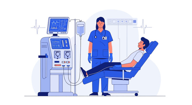 Nurse monitoring patient undergoing dialysis treatment with modern medical equipment