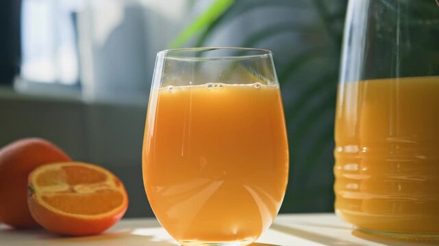 Close-up: middle-aged man sits at breakfast table, reaches for glass of freshly squeezed orange juice. Sunny rays from window light up palm plant in background, healthy morning routine in cozy room 4K