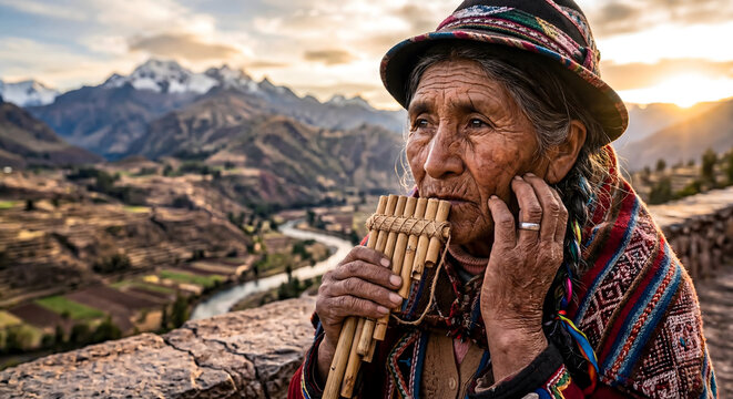 Elderly Quechua Woman holding generic Reed Pan Flute to Lips