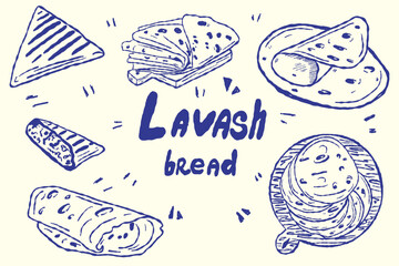 Obraz premium Lavash bread set with flatbread and wraps in hand drawn style