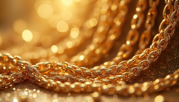 Close up of ornate gold chain necklace. Fine jewelry crafted with intricate links. Shiny metallic accessory, elegant luxury item, precious metal detail.