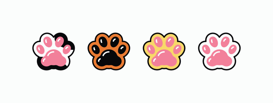 Cute paw prints in playful, cartoon style. Pink, brown, and yellow tones bring charm. Simple background highlights each print clearly. Ideal for children's apps or pet-themed designs