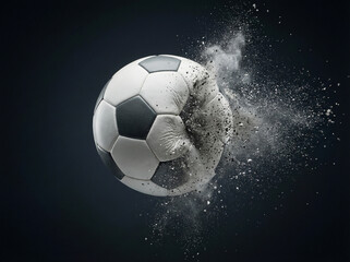 Naklejka premium Explosive Impact Ball. Soccer/Football. Studio Action-Inspired Product Photography. Dynamic Stills. A professional soccer ball frozen at the moment of impact with invisible force 