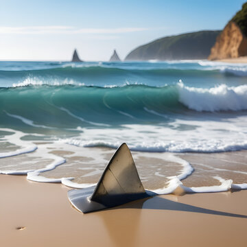 Shark fin in water near blurred surfers. Danger at sea concept, predation risk during summer beach vacation.