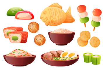 1Japanese Food Set Illustration with Sushi, Ramen, Rice, Dango and Taiyaki © A BAO