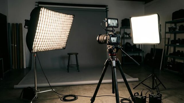 Professional digital camera on tripod with softbox studio lighting and grey backdrop in production set