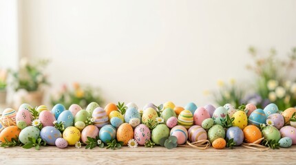 Obraz premium Colorful Easter Eggs Arrangement on Wooden Table with Flowers