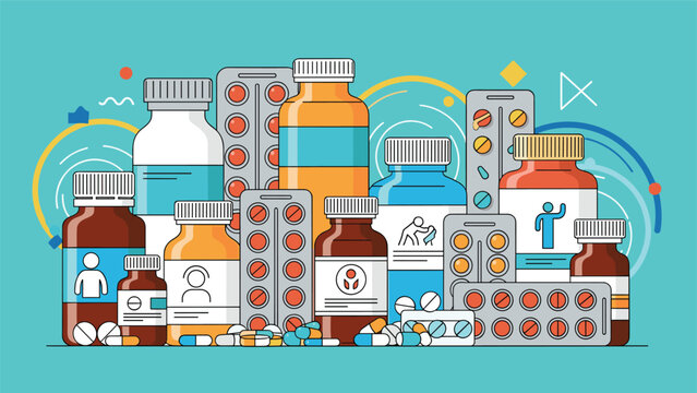 Assorted medical supplies including pill bottles, blister packs, and capsules arranged in a colorful flat vector layout on blue.