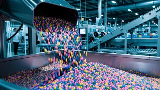 Colorful candy production line with vibrant sweets pouring into industrial container in factory