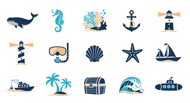 Nautical icons set for ocean and sea concepts