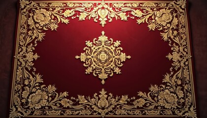 Obraz premium Rich red carpet features ornate gold floral border. Central medallion detailed with intricate filigree. Majestic design evokes luxury and royal style. Perfect for opulent interiors.