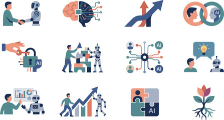 Fototapeta premium Artificial Intelligence and Human Collaboration Icons for AI Growth, Data Analytics, Security, Robotics, and Problem Solving