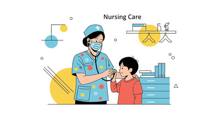 Fototapeta premium Pediatric Nurse Examines Child with Stethoscope, Nursing Care Illustration