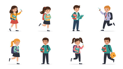 Naklejka premium Set of happy school children is shown in various active poses while carrying their backpacks and books to their primary school classes.