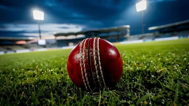 Close up of red cricket ball on green grass field during evening match under bright stadium lights