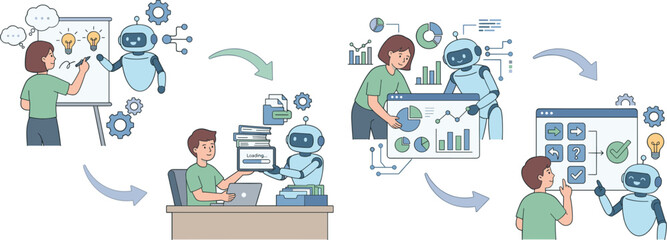 Fototapeta premium Collaboration with Robot for Data Analysis, Workflow Automation, and Brainstorming in Technology and AI Designs