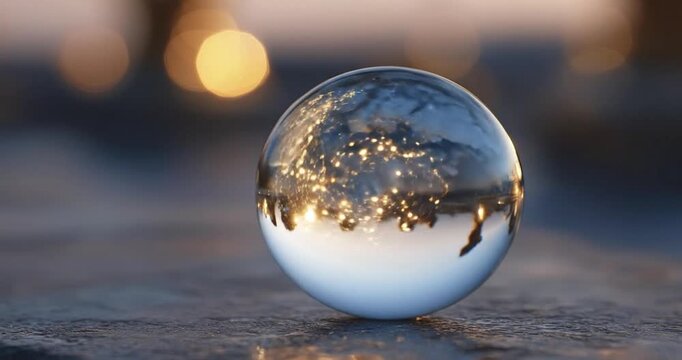 A mesmerizing close-up of a clear glass sphere resting on a textured dark surface, beautifully reflecting a dynamic panorama of shimmering lights. These glowing points are reminiscent of a miniature g