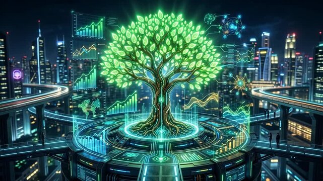 Futuristic smart city skyline with glowing green digital tree surrounded by holographic data charts and graphs