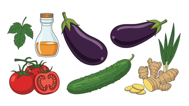 Selection of fresh garden vegetables including dark purple eggplants, a long cucumber, ripe tomatoes, and aromatic ginger roots.