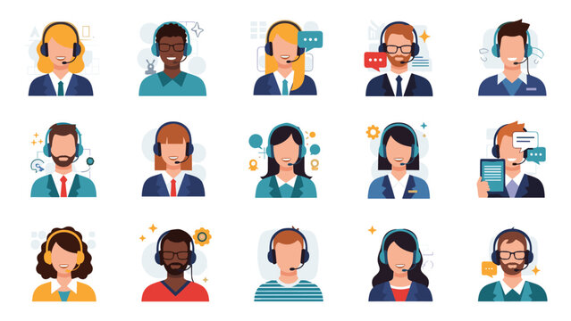 Diverse set of customer service and support representative avatars wearing headsets for online communication and assistance.