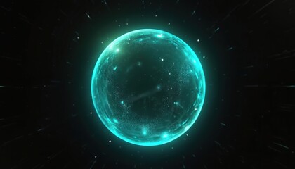 Fototapeta premium Glowing teal orb with soft fluid gradients and dotted texture. Futuristic abstract light sphere on deep black background with energy particles, digital aesthetic, science fiction. Plasma effect.