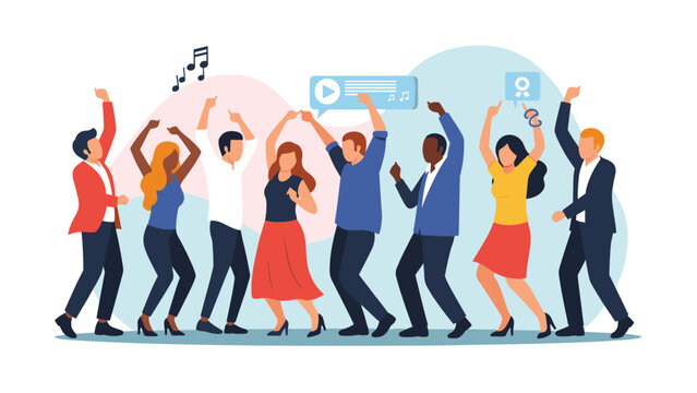 Joyful group of diverse people dancing and celebrating at a party with stylized music and video play icons.