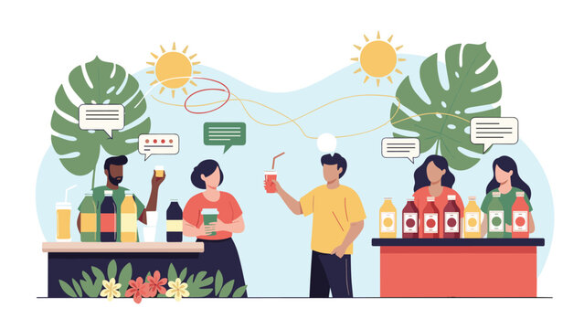 Lively outdoor scene featuring people purchasing refreshing tropical drinks at colorful market stalls on a sunny day.