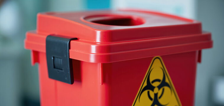 Red sharps container for medical waste disposal. Biohazard symbol alerts. Safe needle and syringe collection in clinic or hospital. Infection control receptacle prevents needlestick injuries.