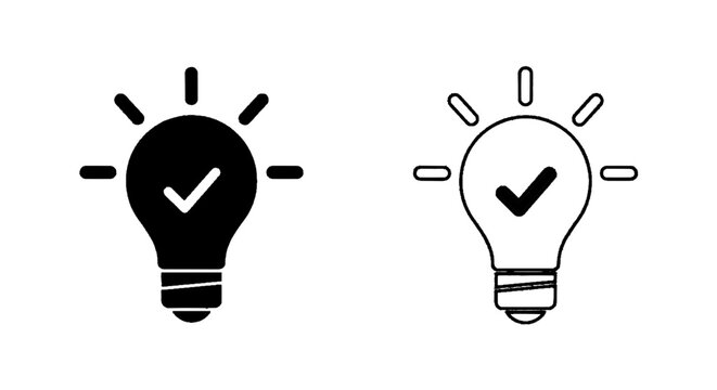 Vector illustration of light bulb icon with check mark symbol, creative idea verification sign