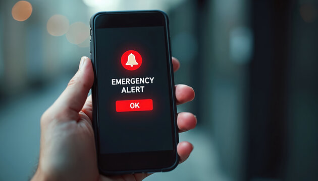 Hand holds smartphone showing red emergency alert notification with bell icon. Urgent message appears on screen, person must press OK. Mobile warning system, safety alert.