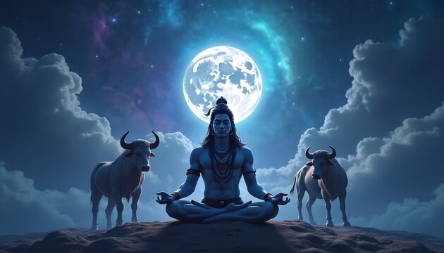 Blue skinned Lord Shiva meditates under bright full moon, with white bulls nearby on rocky ground under starry sky. Divine Hindu deity calms mind in peaceful night setting.