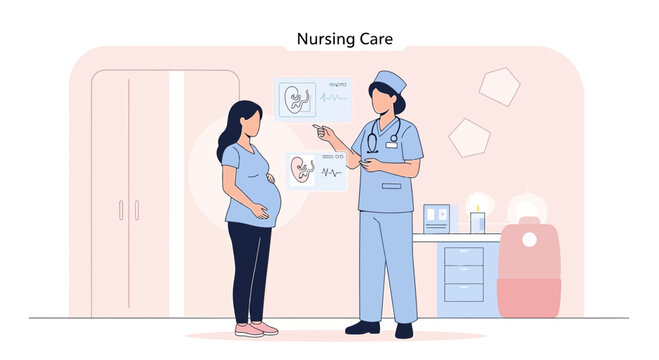 Pregnant Woman Consults Nurse About Fetal Development in Clinic