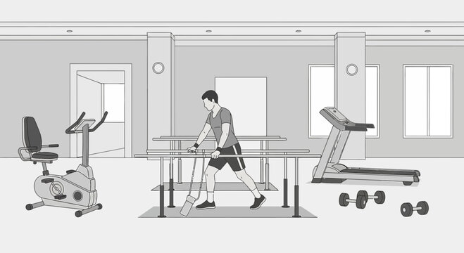 Rehabilitation gym with man exercising on parallel bars, treadmill, and exercise bike
