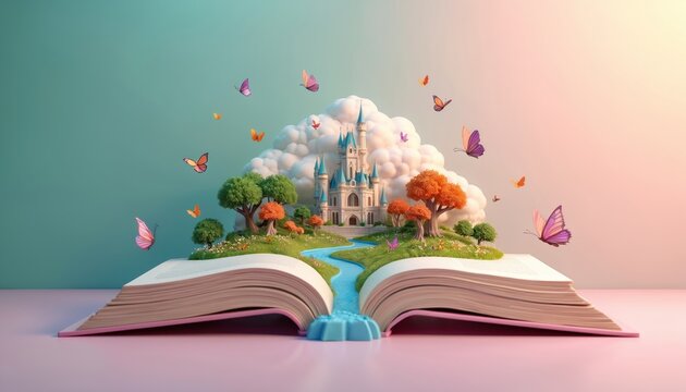Open book reveals fairytale castle on island with river and trees. Butterflies fly around, depicting imagination and story. Magic world comes alive from pages.