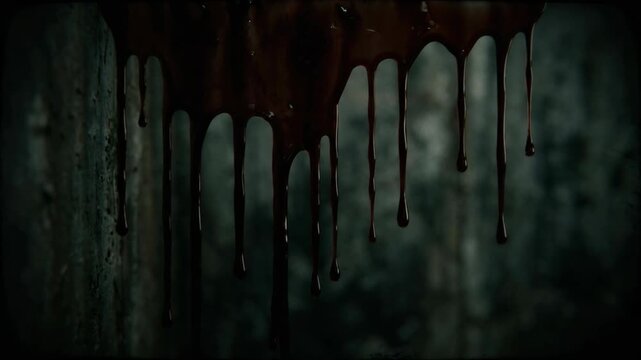 Thick dark red liquid dripping down a gritty weathered concrete wall in a horror cinematic scene