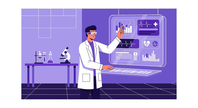 Scientist using futuristic holographic interface with medical data and charts in laboratory