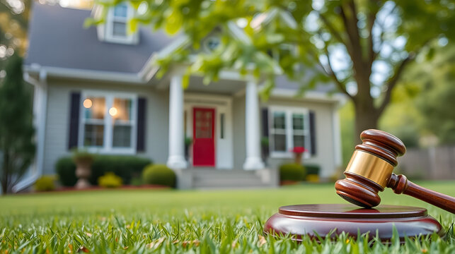 Gavel on lawn before residential property indicating asset forfeiture and property seizure legal proceedings