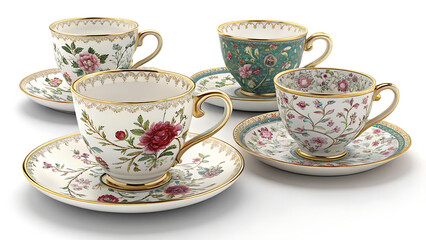 Fototapeta premium A collection of four elegant porcelain teacups and saucers decorated with intricate floral designs illustration