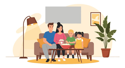 Fototapeta premium Family watching TV and eating popcorn on sofa at home, leisure time