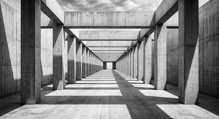 Fototapeta premium Minimal Concrete Corridor with Strong Leading Lines and Geometric Shadows, Modern Architecture Background