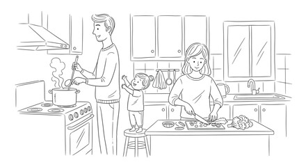 Fototapeta premium A happy family consisting of a father stirring a pot on the stove a mother diligently chopping fresh vegetables on the counter and their young child watching them intently from a stool all engaged in 